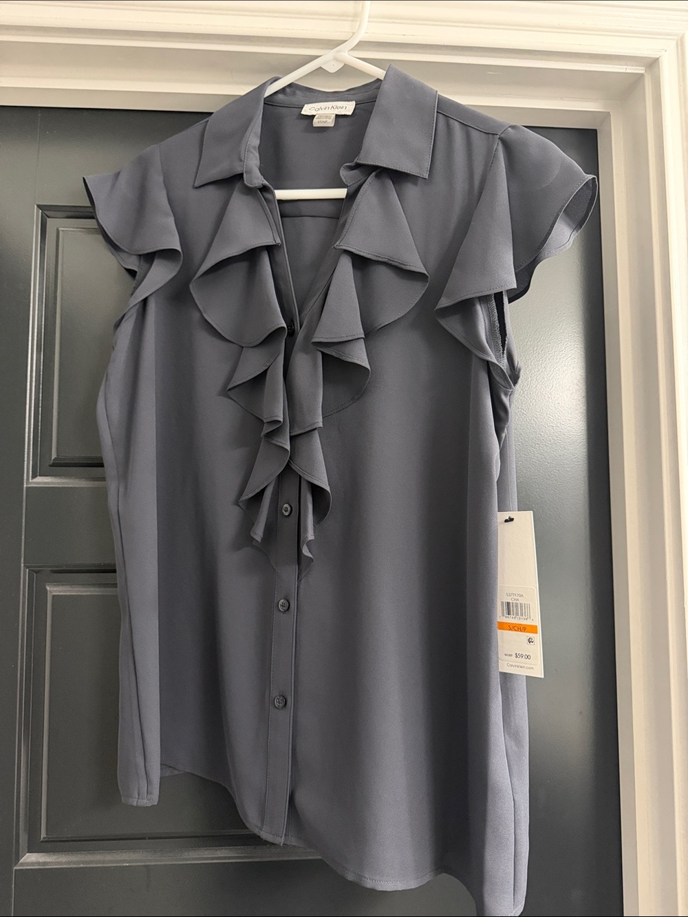 Calvin Klein Charcoal Grey Ruffle Front Sleeveless Blouse